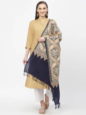 Paisan Navy & Gold Floral Embroidered Polywool Stole 4