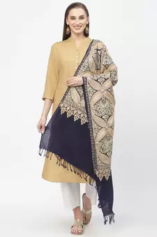 Paisan Navy & Gold Floral Embroidered Polywool Stole