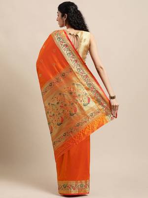 Orange woven pure paithani silk saree with blouse 2