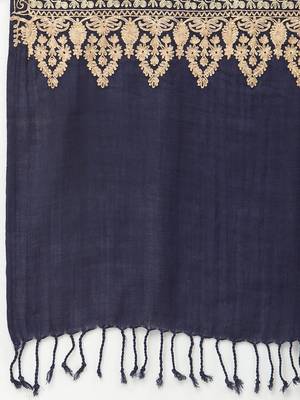 Paisan Navy & Gold Floral Embroidered Polywool Stole 5