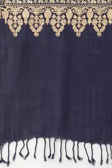 Paisan Navy & Gold Floral Embroidered Polywool Stole