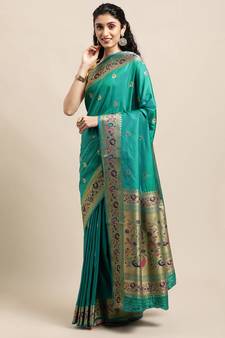 Teal woven pure paithani silk saree with blouse