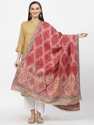 Paisan Beige & Red Double Beam Kaani Floral Polyester Modal Shawl 1