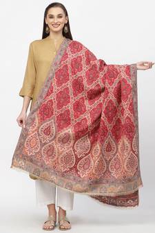 Paisan Beige & Red Double Beam Kaani Floral Polyester Modal Shawl