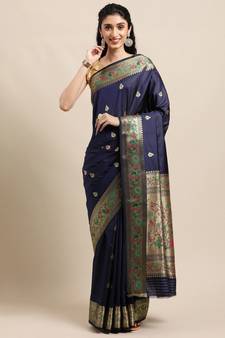 Blue woven pure paithani silk saree with blouse
