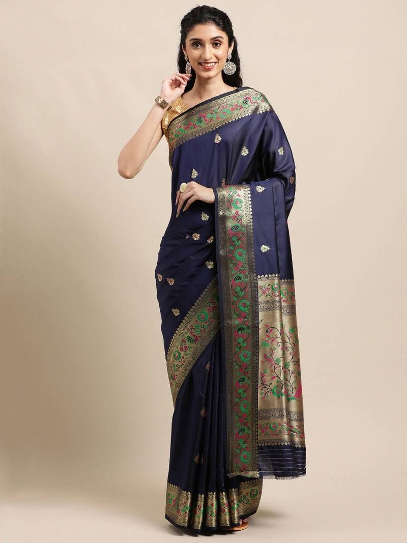 Blue woven pure paithani silk saree with blouse