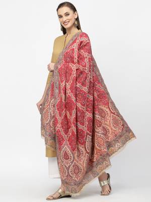 Paisan Beige & Red Double Beam Kaani Floral Polyester Modal Shawl 2