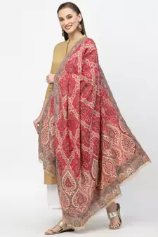 Paisan Beige & Red Double Beam Kaani Floral Polyester Modal Shawl