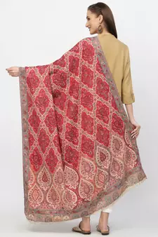Paisan Beige & Red Double Beam Kaani Floral Polyester Modal Shawl