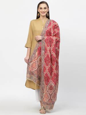 Paisan Beige & Red Double Beam Kaani Floral Polyester Modal Shawl 4