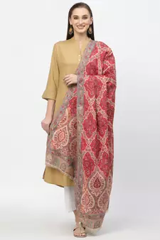 Paisan Beige & Red Double Beam Kaani Floral Polyester Modal Shawl