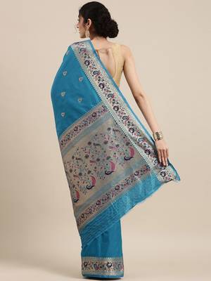 Blue woven pure paithani silk saree with blouse 2
