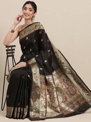 Black woven pure paithani silk saree with blouse 1
