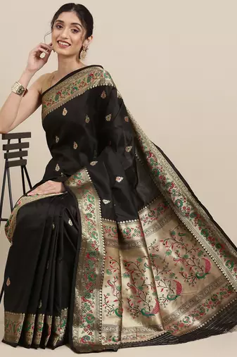Black woven pure paithani silk saree with blouse