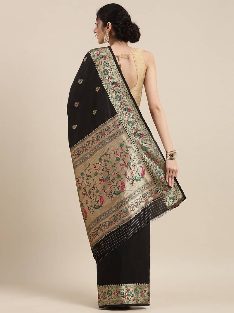 Black woven pure paithani silk saree with blouse