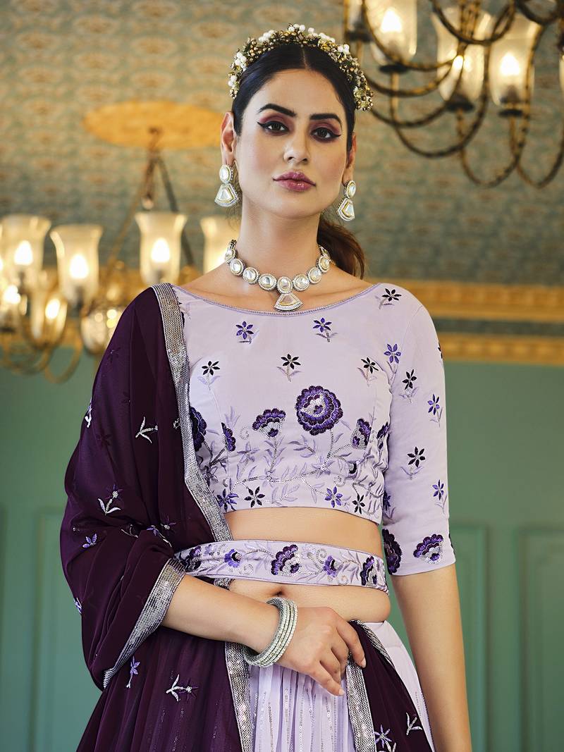 LAVENDER THREAD AND SEQUINS EMBROIDERED GEORGETTE FESTIVE & PARTY WEAR SEMI STITCHED LEHENGA