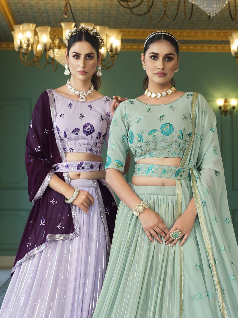 LAVENDER THREAD AND SEQUINS EMBROIDERED GEORGETTE FESTIVE & PARTY WEAR SEMI STITCHED LEHENGA