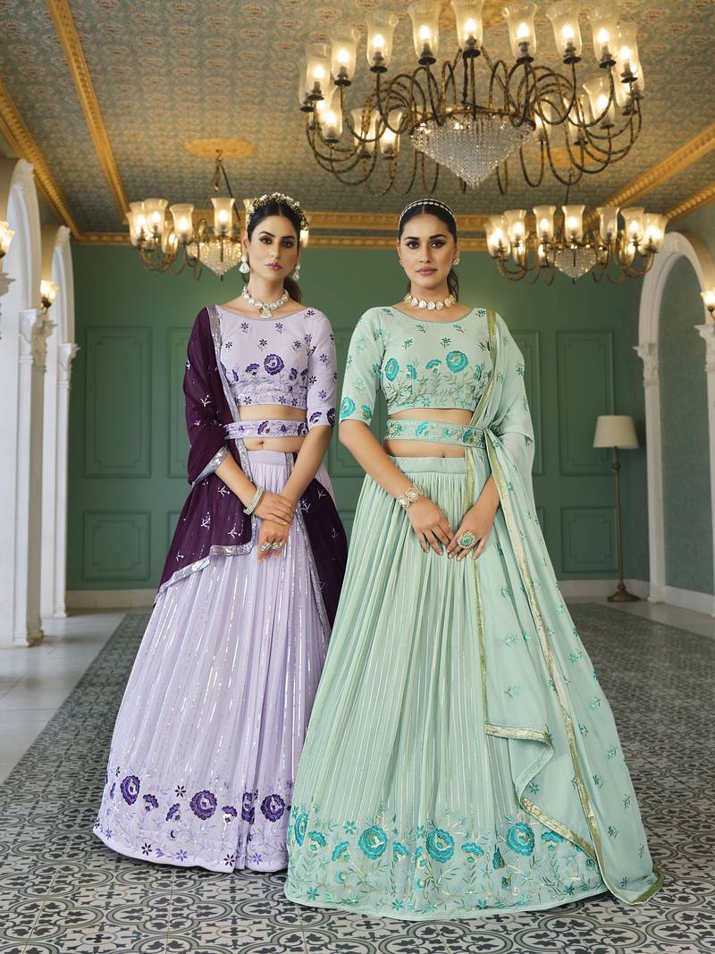 LAVENDER THREAD AND SEQUINS EMBROIDERED GEORGETTE FESTIVE & PARTY WEAR SEMI STITCHED LEHENGA