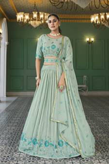 PISTA GREEN THREAD AND SEQUINS EMBROIDERED GEORGETTE FESTIVE & PARTY WEAR SEMI STITCHED LEHENGA