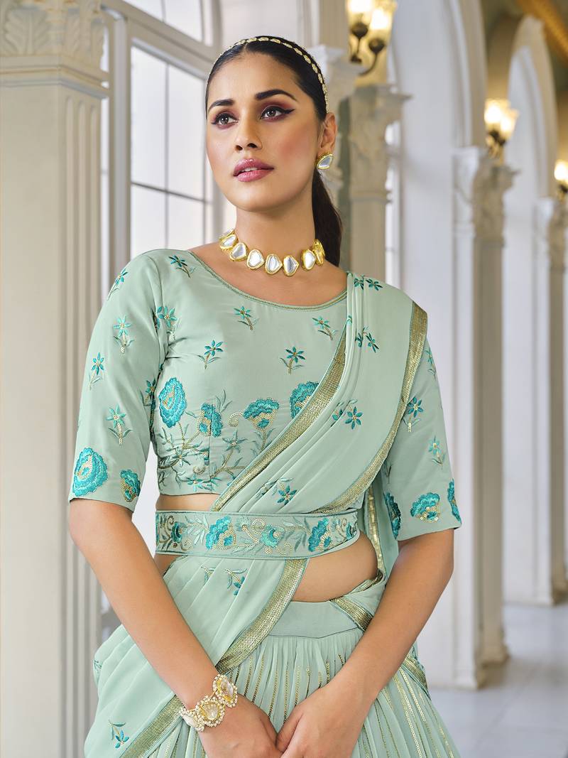 PISTA GREEN THREAD AND SEQUINS EMBROIDERED GEORGETTE FESTIVE & PARTY WEAR SEMI STITCHED LEHENGA