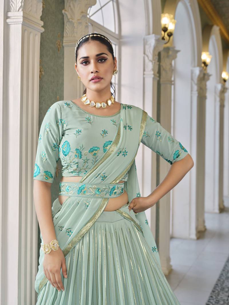 PISTA GREEN THREAD AND SEQUINS EMBROIDERED GEORGETTE FESTIVE & PARTY WEAR SEMI STITCHED LEHENGA