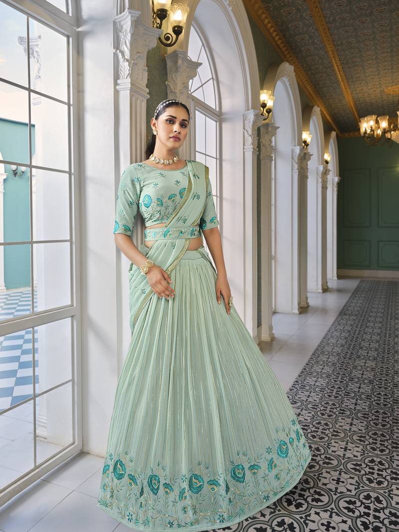 PISTA GREEN THREAD AND SEQUINS EMBROIDERED GEORGETTE FESTIVE & PARTY WEAR SEMI STITCHED LEHENGA
