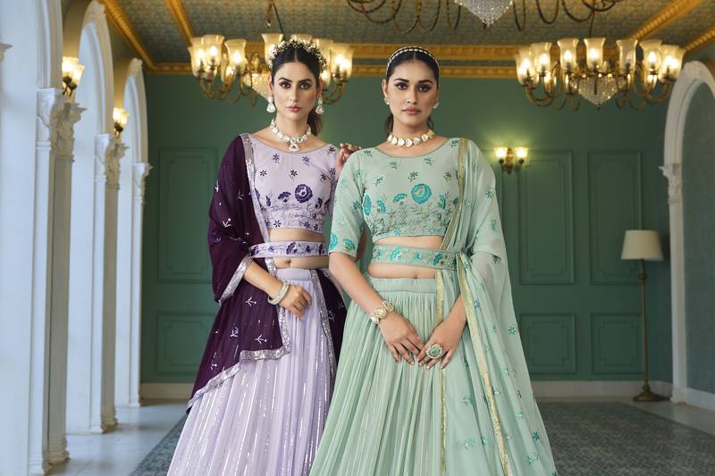 PISTA GREEN THREAD AND SEQUINS EMBROIDERED GEORGETTE FESTIVE & PARTY WEAR SEMI STITCHED LEHENGA