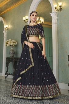NAVY BLUE THREAD AND SEQUINS EMBROIDERED GEORGETTE FESTIVE & PARTY WEAR SEMI STITCHED LEHENGA