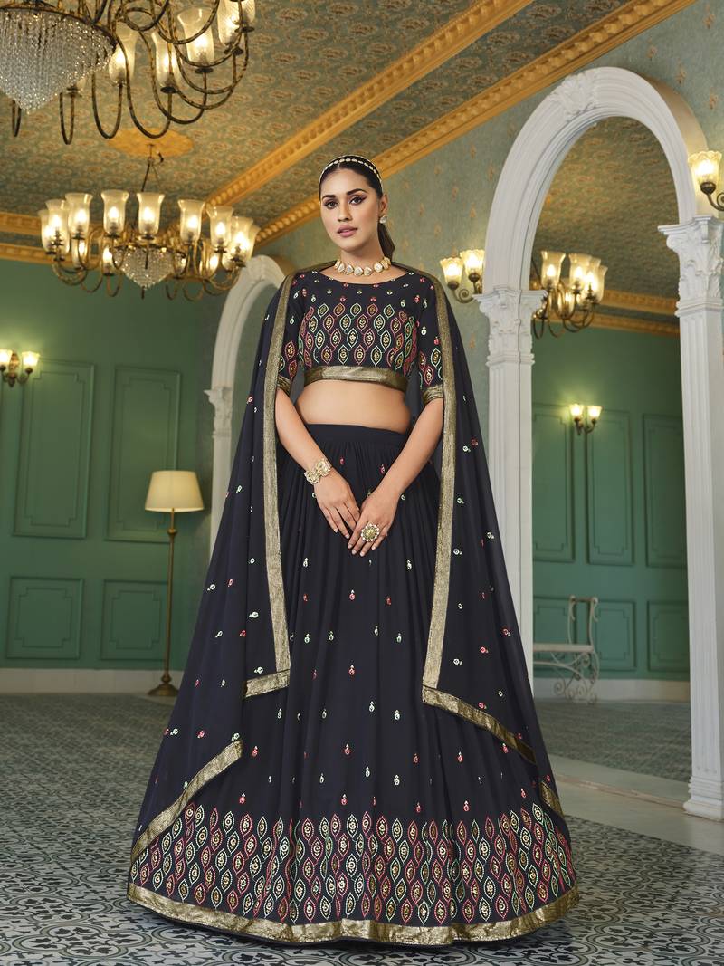 NAVY BLUE THREAD AND SEQUINS EMBROIDERED GEORGETTE FESTIVE & PARTY WEAR SEMI STITCHED LEHENGA