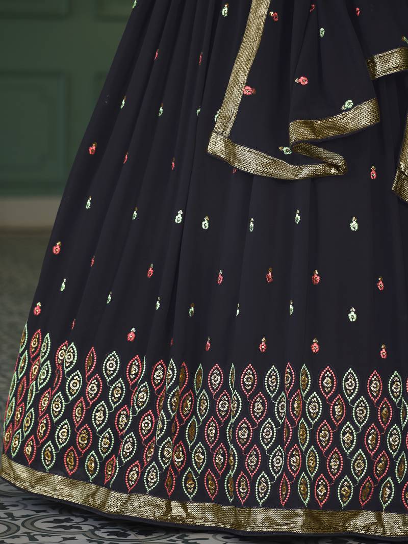 NAVY BLUE THREAD AND SEQUINS EMBROIDERED GEORGETTE FESTIVE & PARTY WEAR SEMI STITCHED LEHENGA