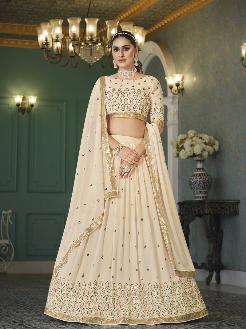 BEIGE THREAD AND SEQUINS EMBROIDERED GEORGETTE FESTIVE & PARTY WEAR SEMI STITCHED LEHENGA
