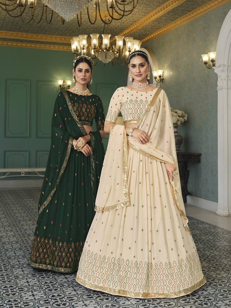 BEIGE THREAD AND SEQUINS EMBROIDERED GEORGETTE FESTIVE & PARTY WEAR SEMI STITCHED LEHENGA