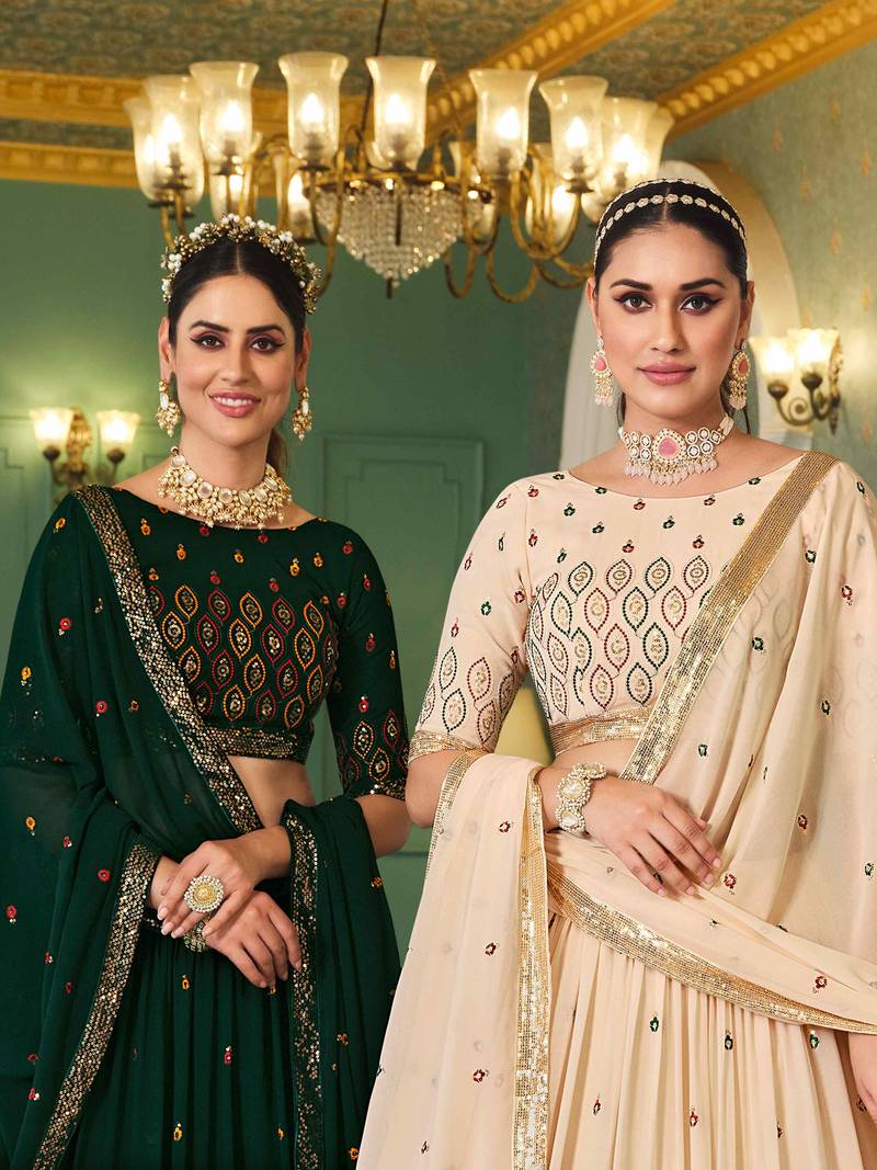 BEIGE THREAD AND SEQUINS EMBROIDERED GEORGETTE FESTIVE & PARTY WEAR SEMI STITCHED LEHENGA