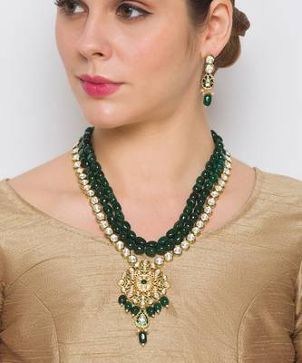 Golden Green  Brass Necklace Set with Earrings 1