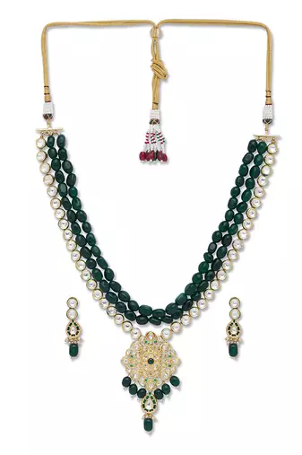 Golden Green  Brass Necklace Set with Earrings