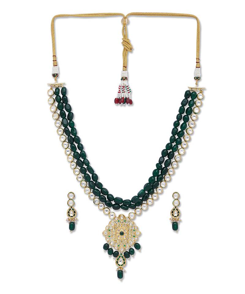 Golden Green  Brass Necklace Set with Earrings