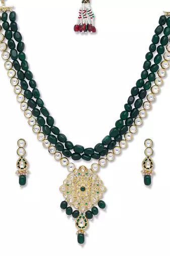 Golden Green  Brass Necklace Set with Earrings
