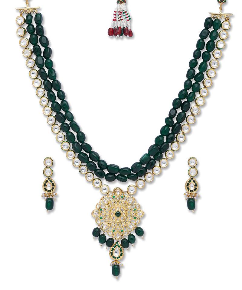Golden Green  Brass Necklace Set with Earrings