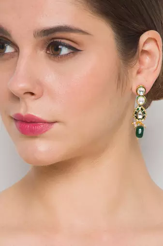 Golden Green  Brass Necklace Set with Earrings
