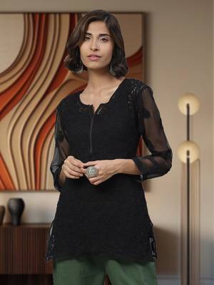Ada Handmade Black Faux Georgette Lucknowi Chikankari Indian Women Kurti With Slip - A211628 1