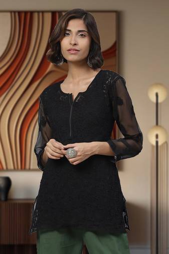 Ada Handmade Black Faux Georgette Lucknowi Chikankari Indian Women Kurti With Slip - A211628