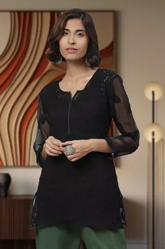 Ada Handmade Black Faux Georgette Lucknowi Chikankari Indian Women Kurti With Slip - A211628