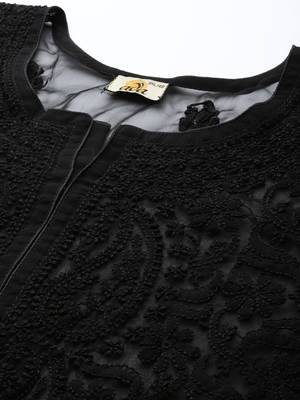 Ada Handmade Black Faux Georgette Lucknowi Chikankari Indian Women Kurti With Slip - A211628 2