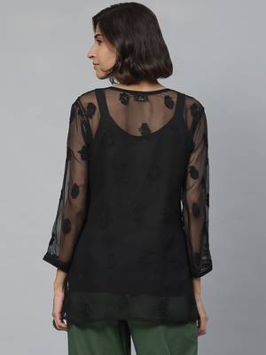 Ada Handmade Black Faux Georgette Lucknowi Chikankari Indian Women Kurti With Slip - A211628 3