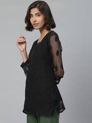 Ada Handmade Black Faux Georgette Lucknowi Chikankari Indian Women Kurti With Slip - A211628 4