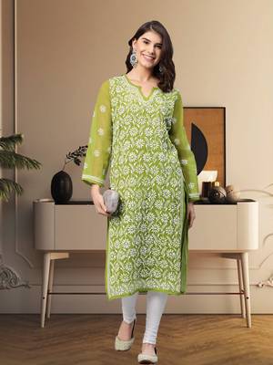 Hand Crafted Olive Green Georgette Lucknow Chikankari Indian Women Kurta With Slip 1