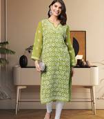 Hand Crafted Olive Green Georgette Lucknow Chikankari Indian Women Kurta With Slip