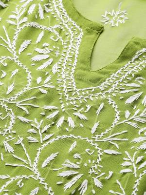 Hand Crafted Olive Green Georgette Lucknow Chikankari Indian Women Kurta With Slip 2