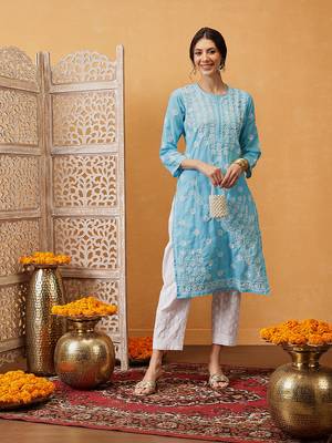 Hand Crafted Blue Cotton Lucknowi Chikankari Straight Indian Women Kurta 1