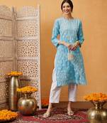 Hand Crafted Blue Cotton Lucknowi Chikankari Straight Indian Women Kurta